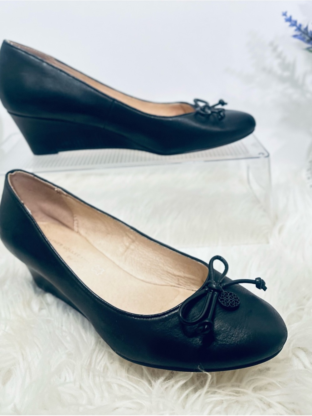 Leather Collection by Next: Black Wedge Ballet Flats with Bow and Charm 9W.